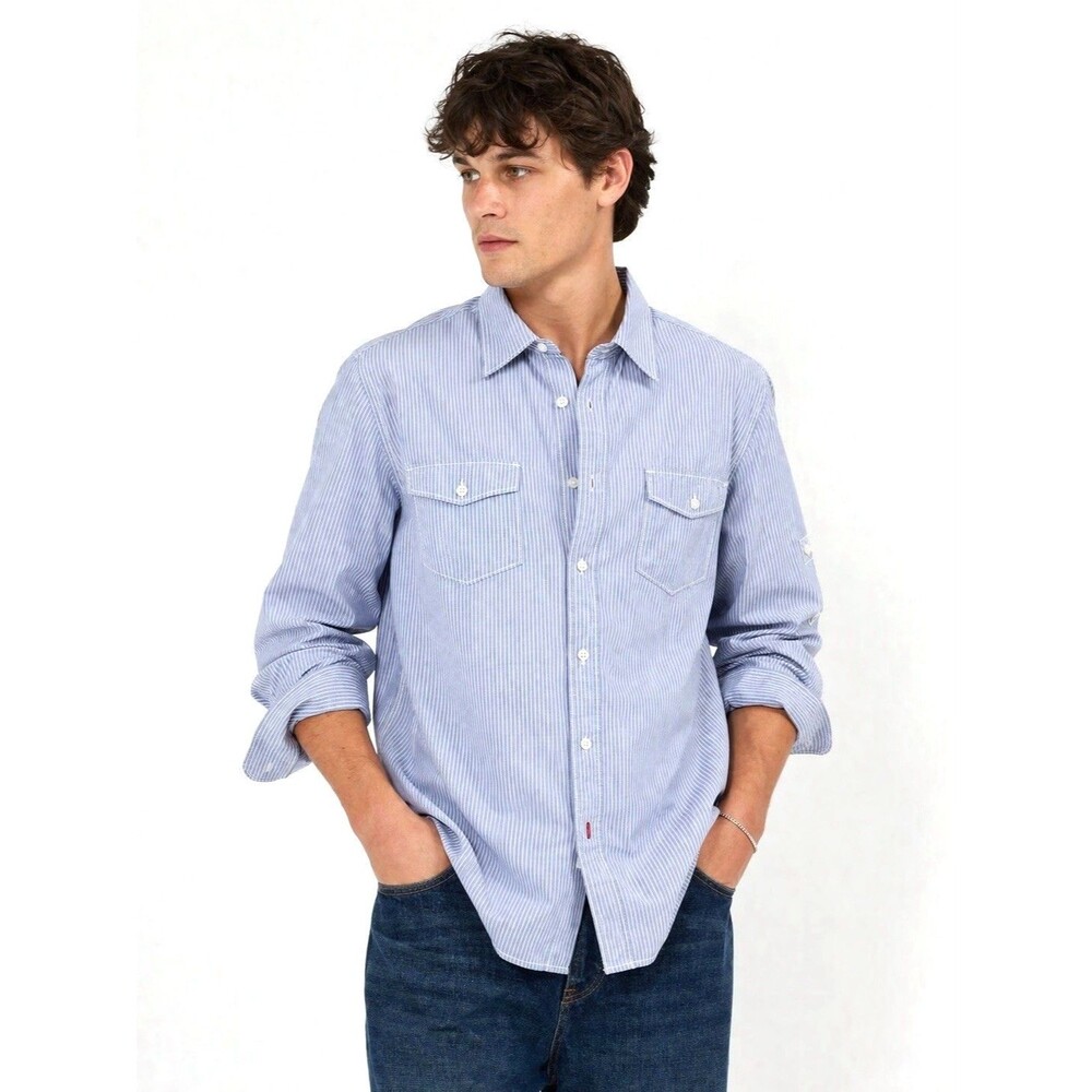 Blue Stripe Button Up Shirt Utility Pocket Cotton  Men L Paper Denim Cloth Y2K